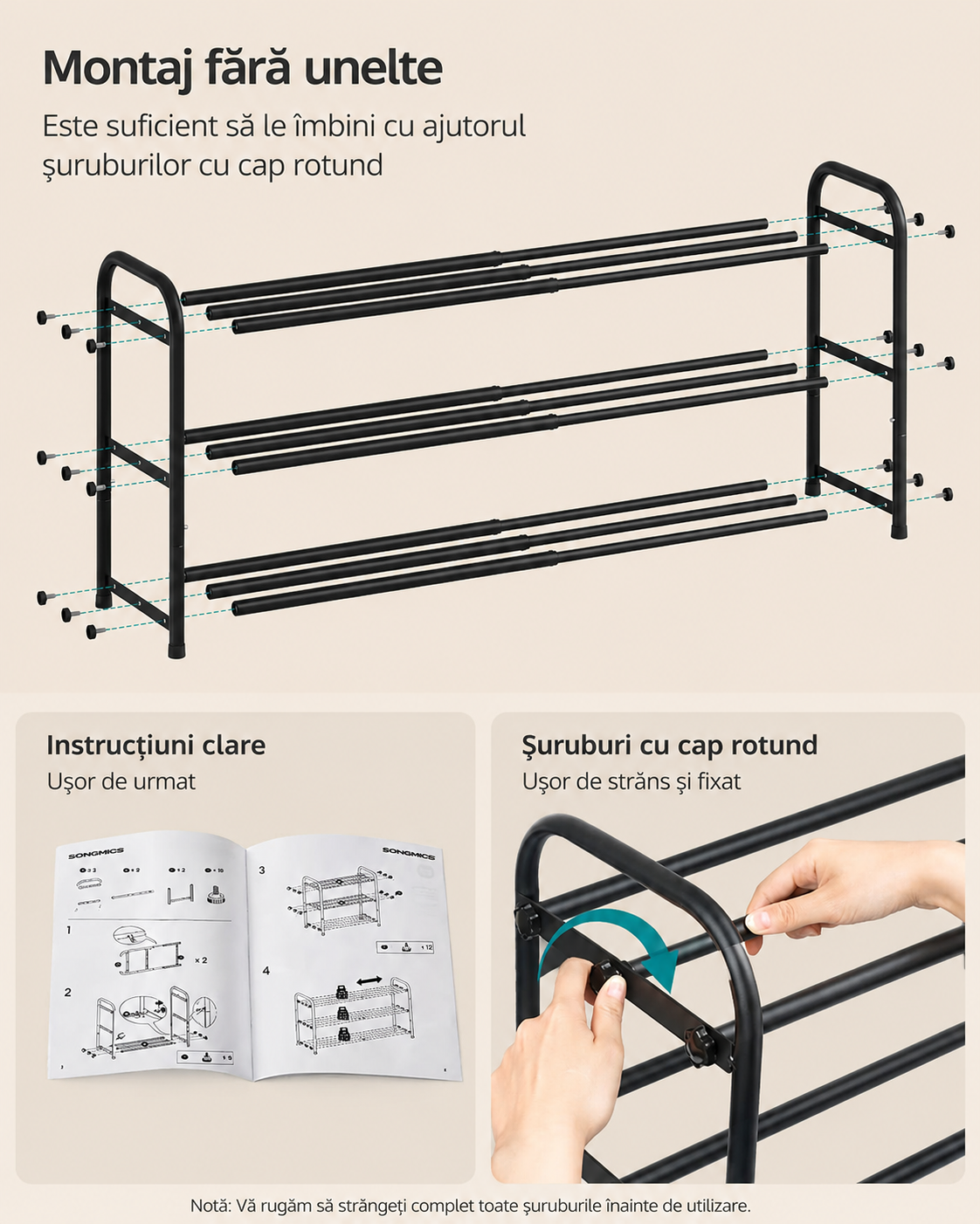 SONGMICS Raft extensibil pentru incaltaminte, 3 niveluri, metal, pana la 12 perechi pantofi, reglabil 25x48x(44-82) cm, negru - imagine 4