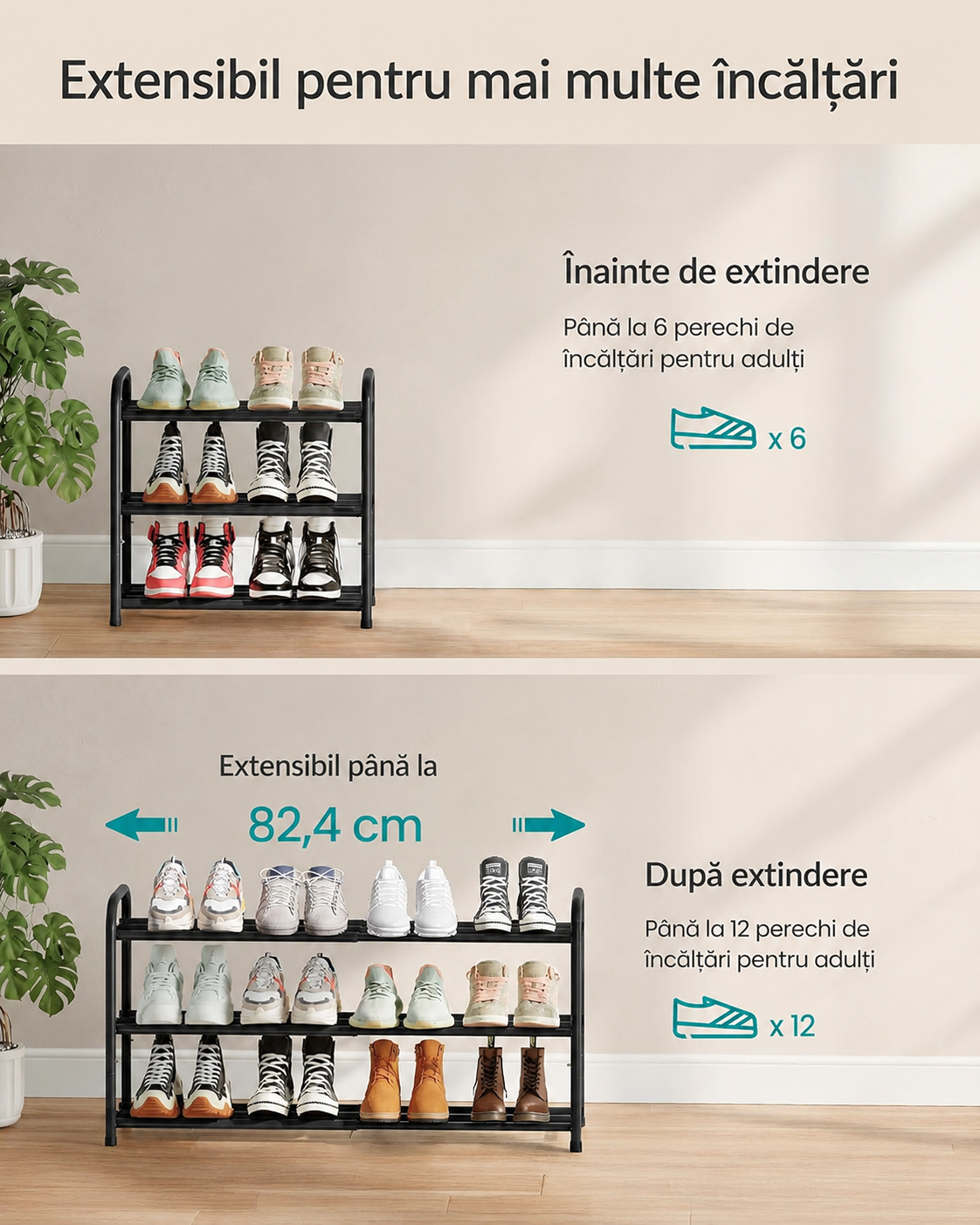 SONGMICS Raft extensibil pentru incaltaminte, 3 niveluri, metal, pana la 12 perechi pantofi, reglabil 25x48x(44-82) cm, negru - imagine 7
