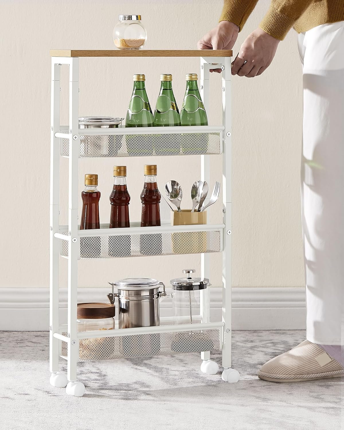 VASAGLE Carucior de bucatarie ingust cu roti, 4 niveluri, cadru metalic, 13x47x77 cm, stejar si alb - imagine 6