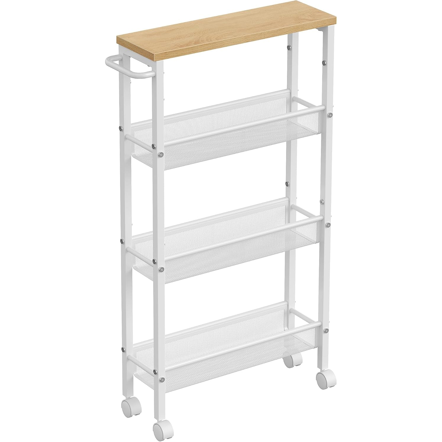 VASAGLE Carucior de bucatarie ingust cu roti, 4 niveluri, cadru metalic, 13x47x77 cm, stejar si alb
