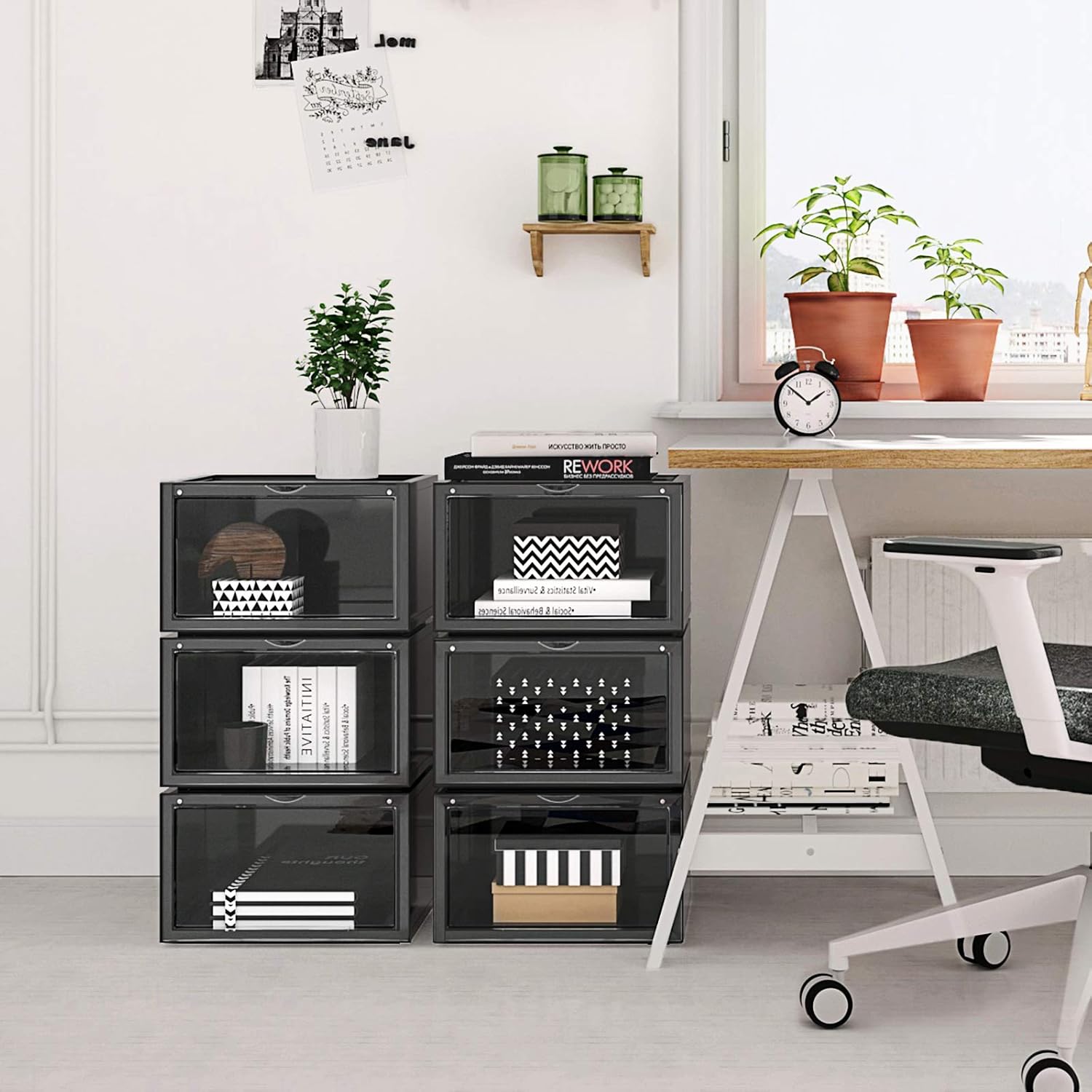 SONGMICS Organizatoare pantofi, transparente cu usa frontala, stivuibile, PVC, 6 cutii x 36x28x22 cm, negru - imagine 2