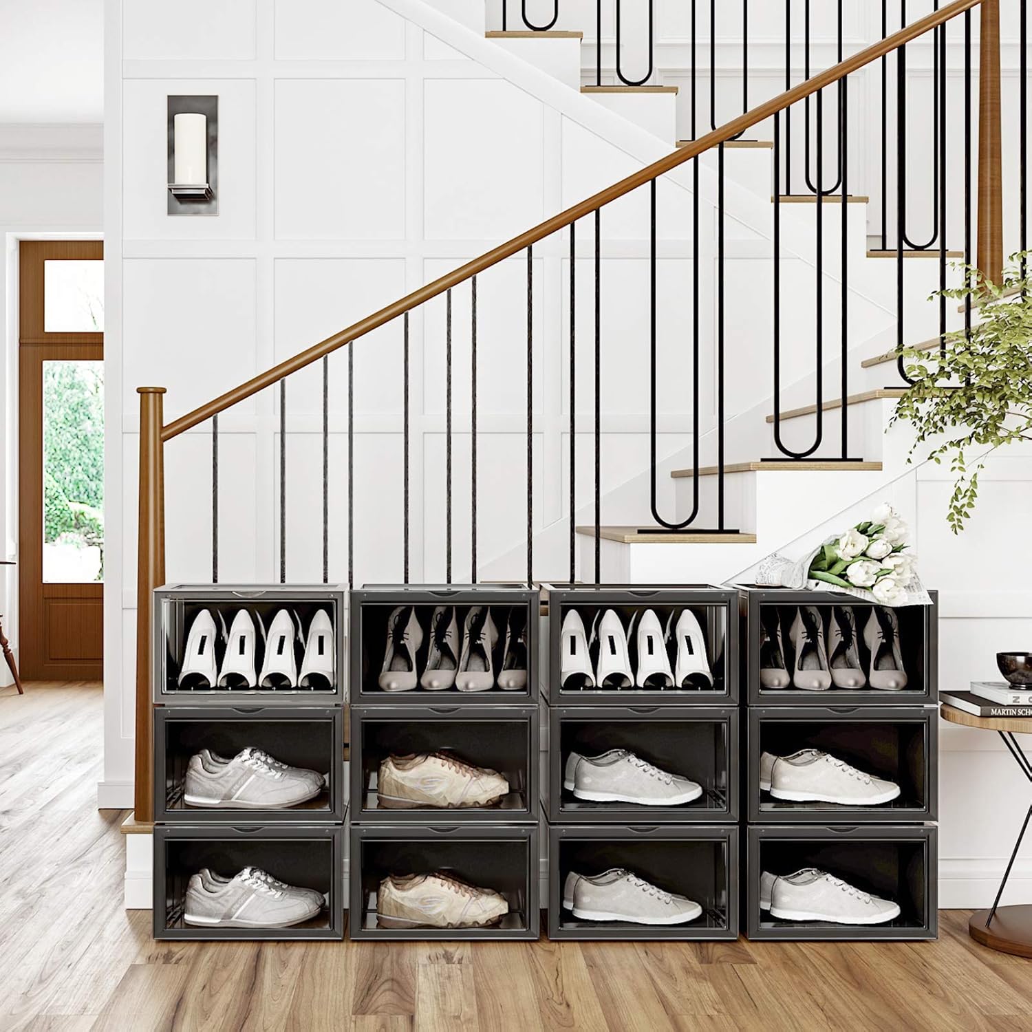 SONGMICS Organizatoare pantofi, transparente cu usa frontala, stivuibile, PVC, 6 cutii x 36x28x22 cm, negru - imagine 5