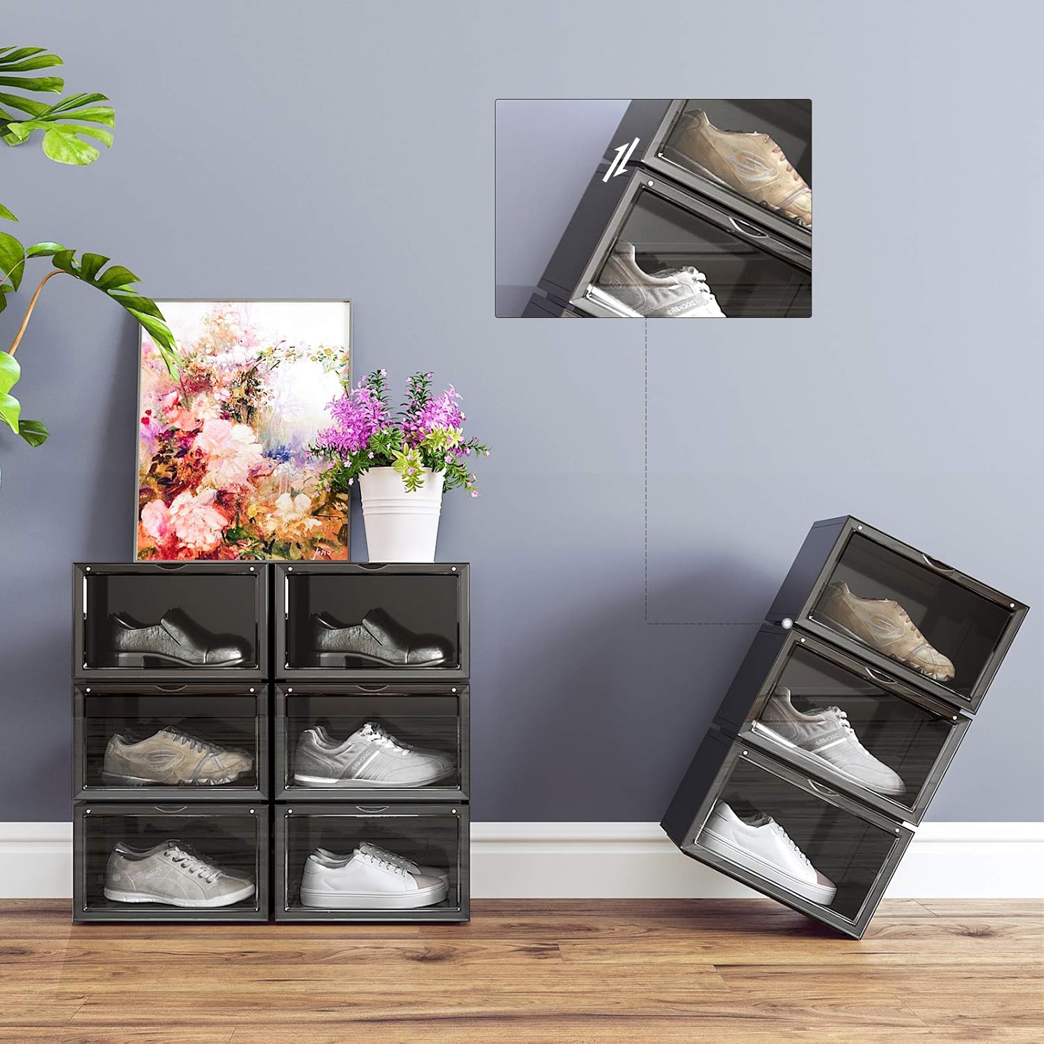 SONGMICS Organizatoare pantofi, transparente cu usa frontala, stivuibile, PVC, 6 cutii x 36x28x22 cm, negru - imagine 6
