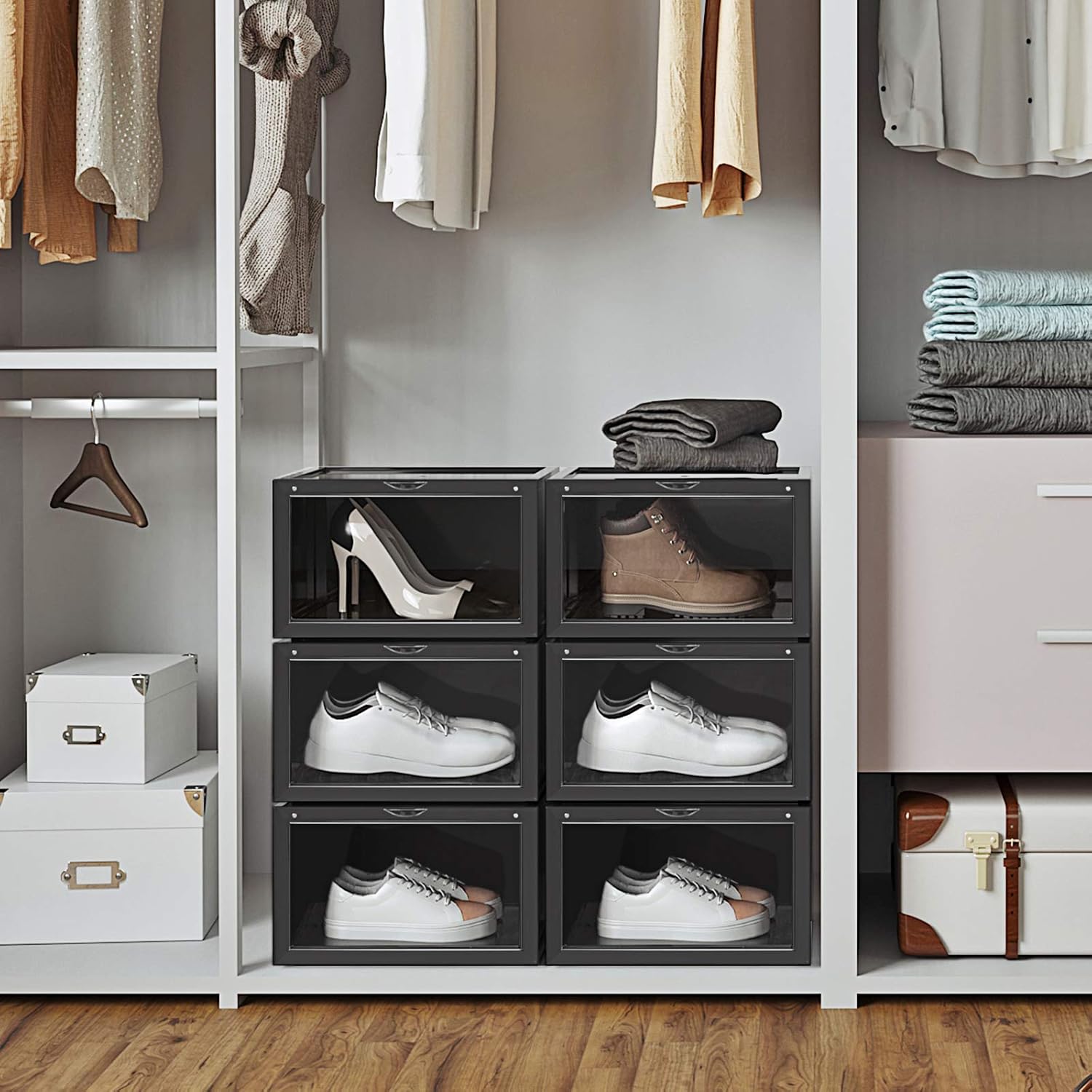SONGMICS Organizatoare pantofi, transparente cu usa frontala, stivuibile, PVC, 6 cutii x 36x28x22 cm, negru - imagine 8