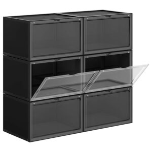 SONGMICS Organizatoare pantofi, transparente cu usa frontala, stivuibile, PVC, 6 cutii x 36x28x22 cm, negru