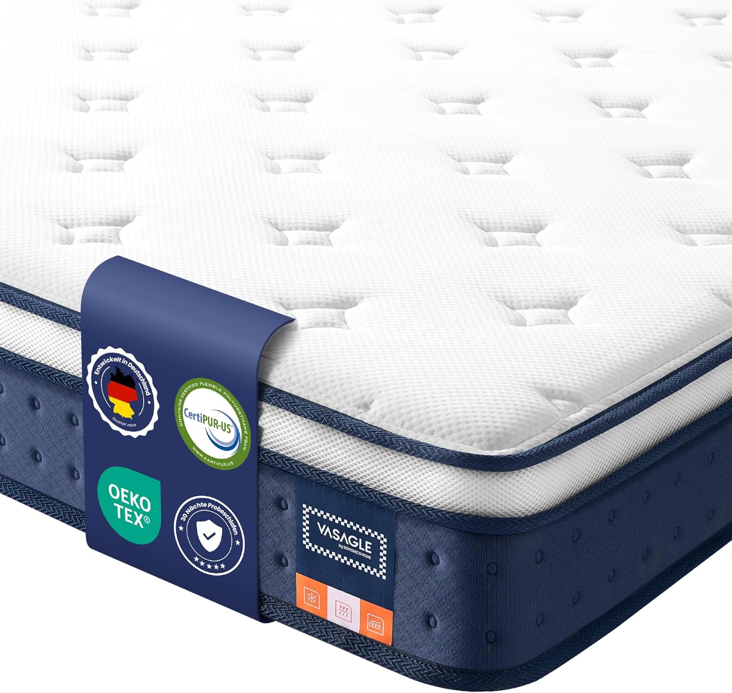 VASAGLE Saltea hibrida cu arcuri impachetate si spuma cu memorie cu gel, 90x200x20 cm, fermitate medie H3, design cu 7 zone cu suport adaptat, albastru - imagine 2