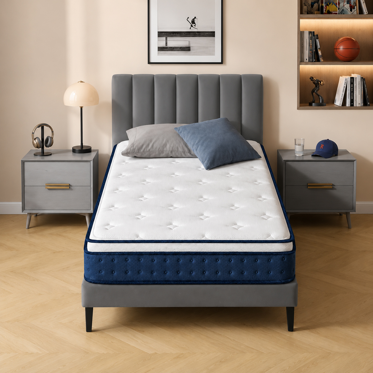 VASAGLE Saltea hibrida cu arcuri impachetate si spuma cu memorie cu gel, 90x200x20 cm, fermitate medie H3, design cu 7 zone cu suport adaptat, albastru
