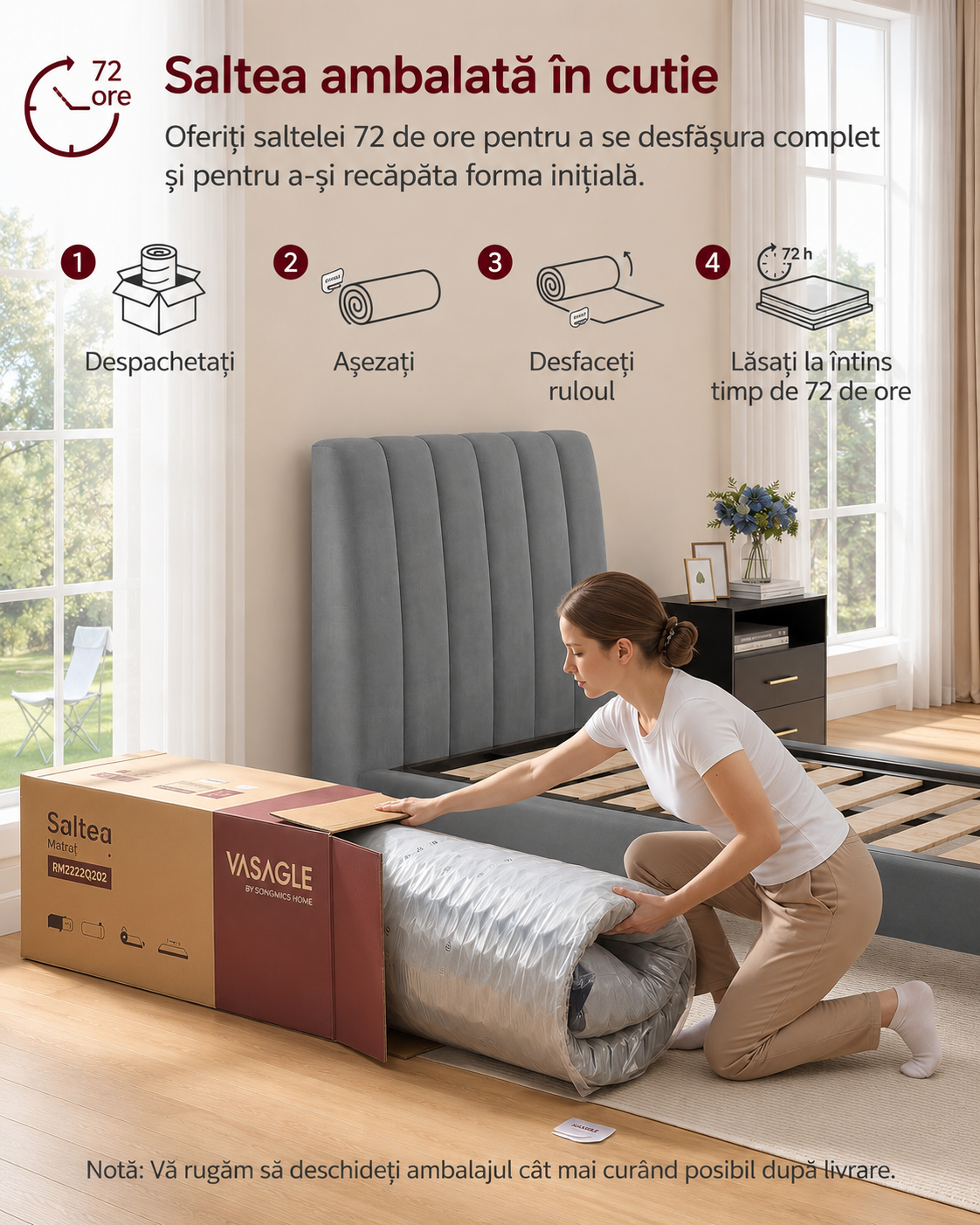 VASAGLE Saltea hibrida cu arcuri impachetate si spuma cu memorie cu gel, 90x200x20 cm, fermitate medie H3, design cu 7 zone cu suport adaptat, albastru - imagine 5