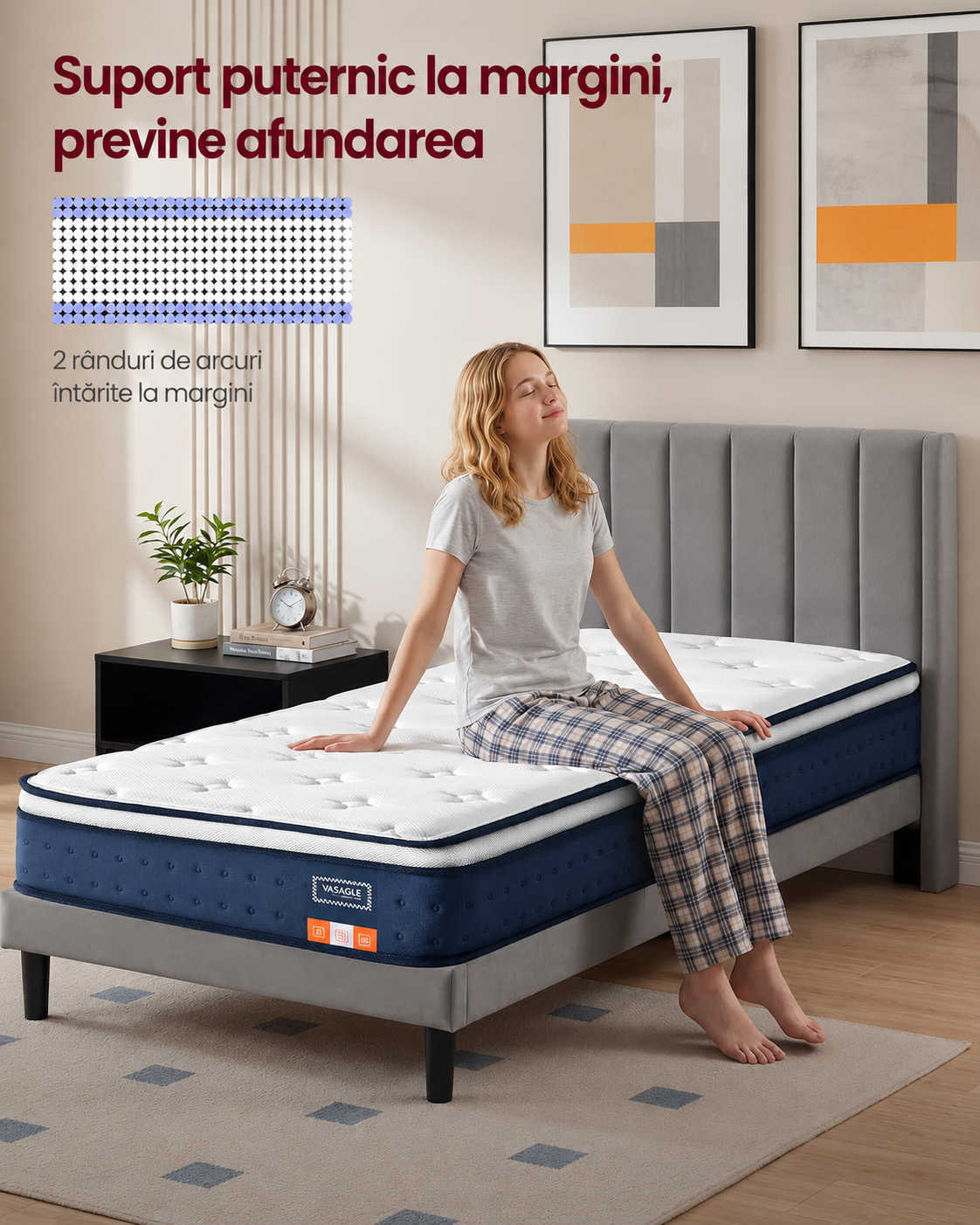 VASAGLE Saltea hibrida cu arcuri impachetate si spuma cu memorie cu gel, 90x200x20 cm, fermitate medie H3, design cu 7 zone cu suport adaptat, albastru - imagine 6