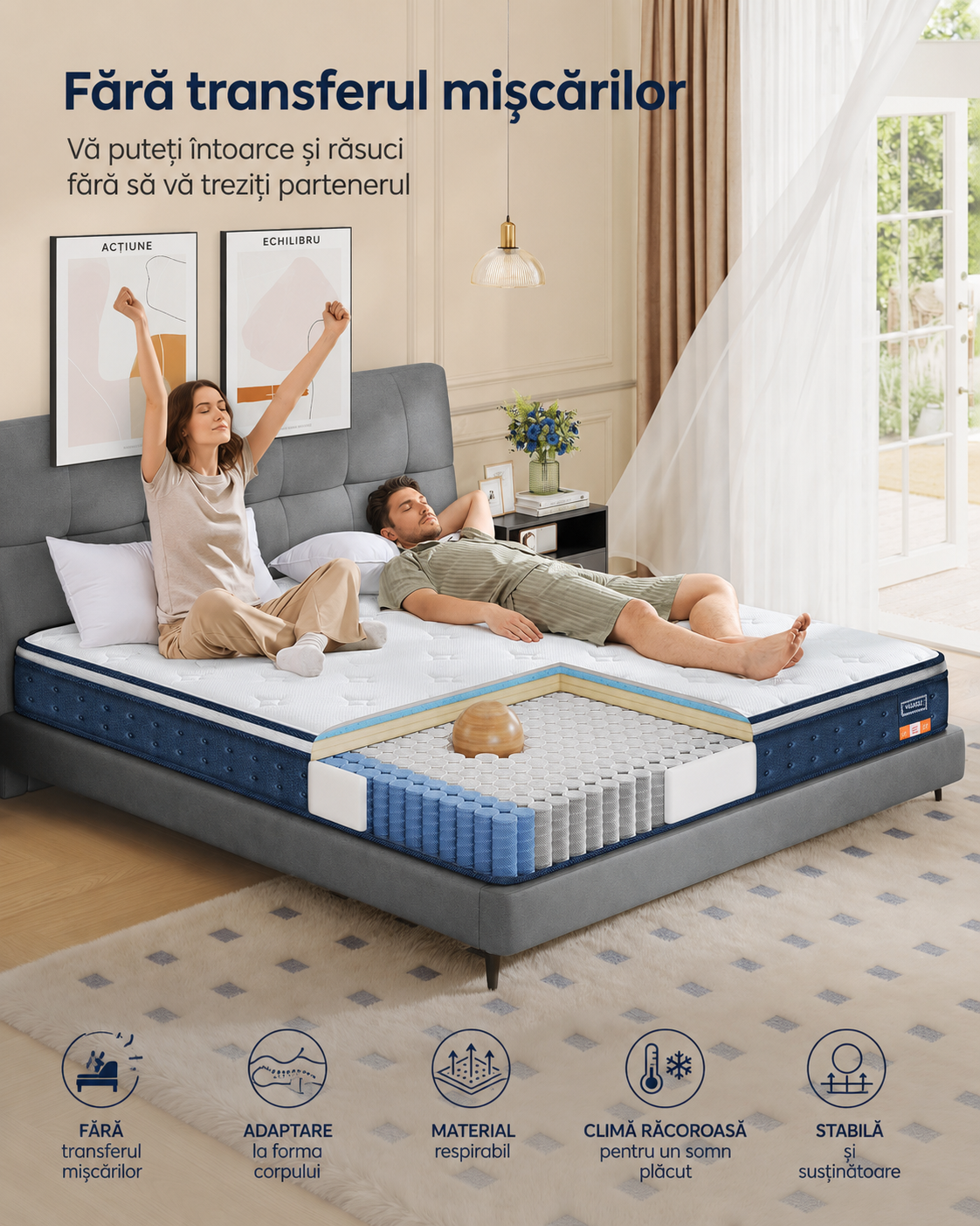 VASAGLE Saltea hibrida cu arcuri impachetate si spuma cu memorie cu gel, 90x200x20 cm, fermitate medie H3, design cu 7 zone cu suport adaptat, albastru - imagine 7
