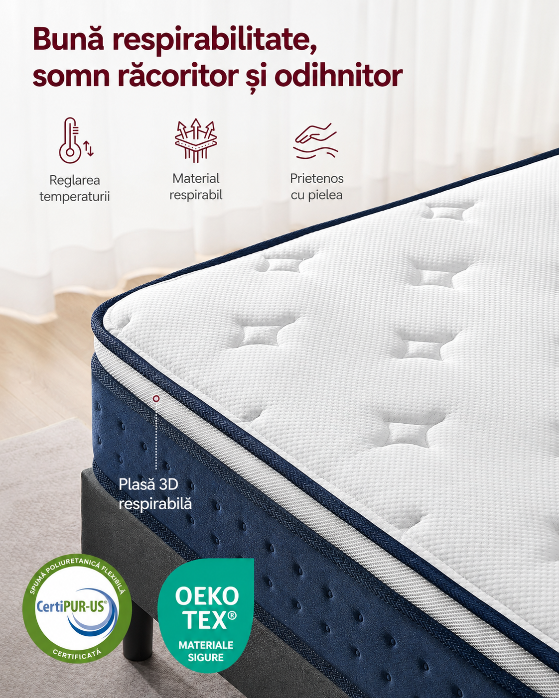 VASAGLE Saltea hibrida cu arcuri impachetate si spuma cu memorie cu gel, 90x200x20 cm, fermitate medie H3, design cu 7 zone cu suport adaptat, albastru - imagine 8