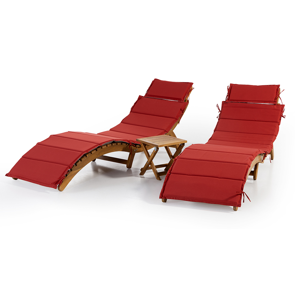 Set 2 sezlonguri pliabile cu masa, perne reversibile de culoare rosu sau gri, lemn de salcam, 180x54x63 cm, maro - imagine 2