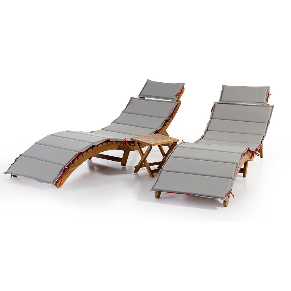 Set 2 sezlonguri pliabile cu masa, perne reversibile de culoare rosu sau gri, lemn de salcam, 180x54x63 cm, maro - imagine 4