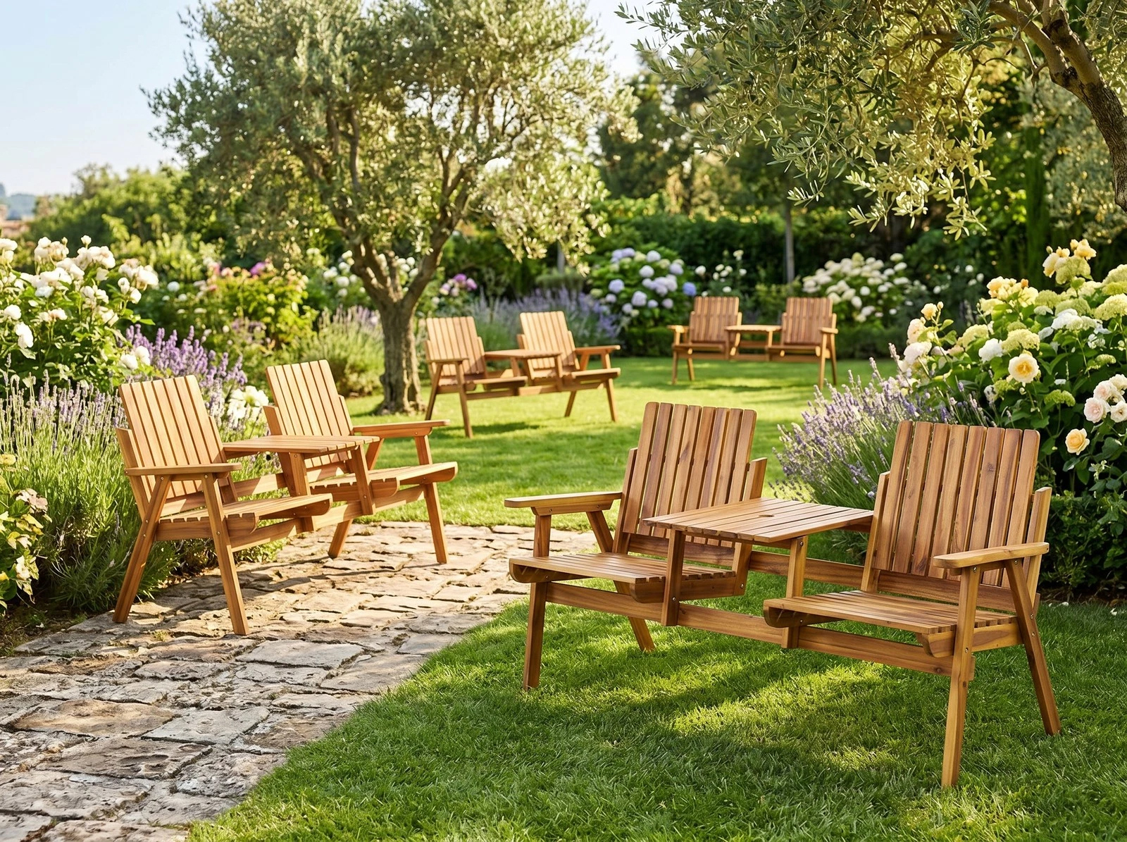 Banca de gradina 153x65x82 cm, 2 locuri, cu raft lateral, lemn de salcam, maro - imagine 8