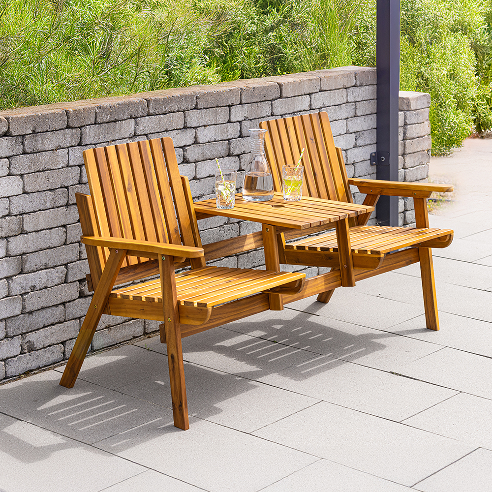 Banca de gradina 153x65x82 cm, 2 locuri, cu raft lateral, lemn de salcam, maro - imagine 2