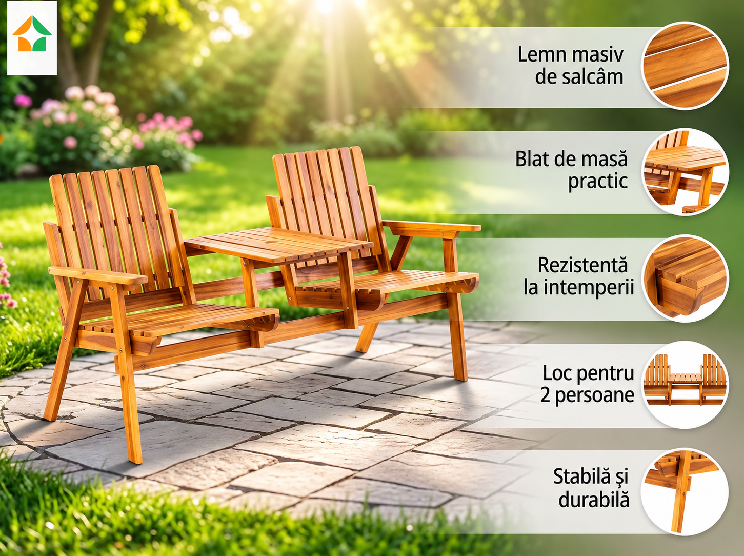 Banca de gradina 153x65x82 cm, 2 locuri, cu raft lateral, lemn de salcam, maro - imagine 9