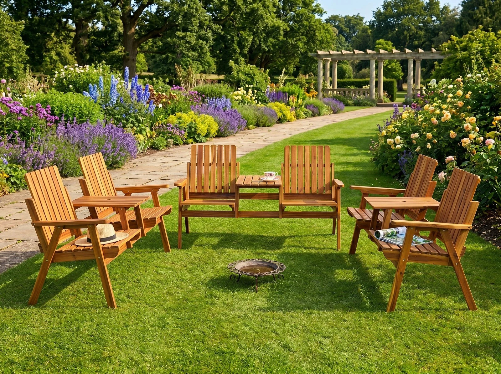 Banca de gradina 153x65x82 cm, 2 locuri, cu raft lateral, lemn de salcam, maro - imagine 16