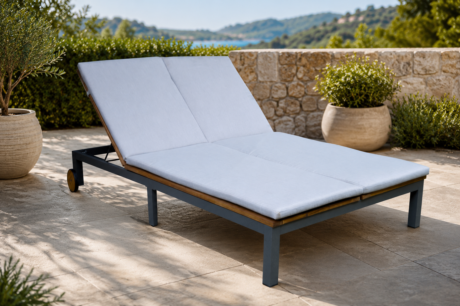 Sezlong dublu de gradina cu roti, din lemn de salcam, 202x120x31 cm, maro - imagine 3