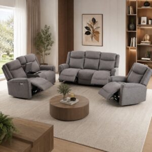Set canapele extensibile electric, 3 piese, functie recliner, consola centrala, 6 locuri, gri deschis