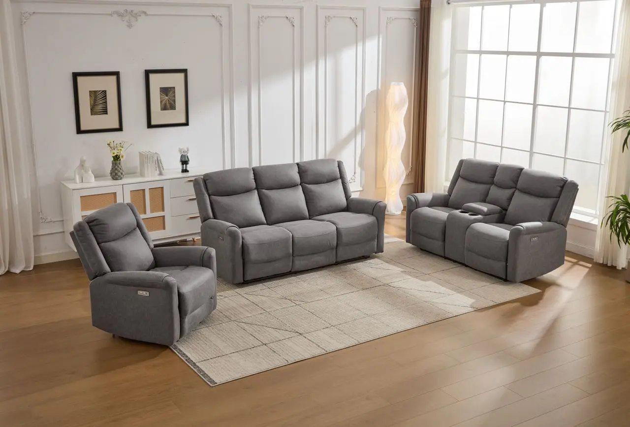Set canapele extensibile electric, 3 piese, functie recliner, consola centrala, 6 locuri, gri deschis - imagine 8