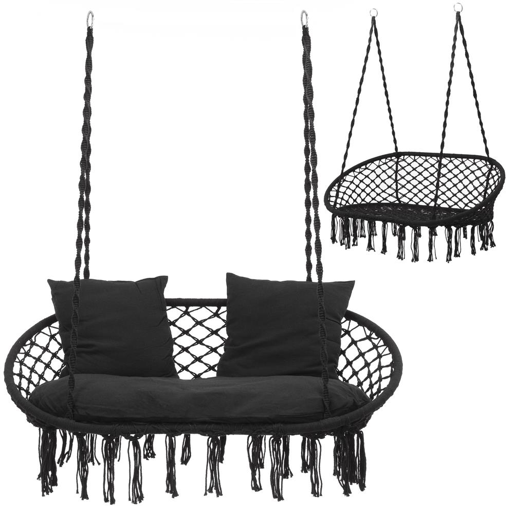 Scaun dublu tip leagan suspendat pentru casa sau gradina, cu perne, stil boho, 128x66x124 cm, maxim 300 kg, negru - imagine 2