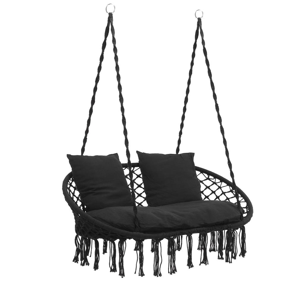 Scaun dublu tip leagan suspendat pentru casa sau gradina, cu perne, stil boho, 128x66x124 cm, maxim 300 kg, negru - imagine 15