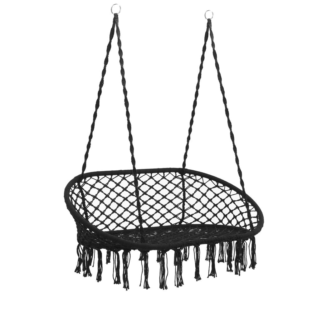 Scaun dublu tip leagan suspendat pentru casa sau gradina, cu perne, stil boho, 128x66x124 cm, maxim 300 kg, negru - imagine 16