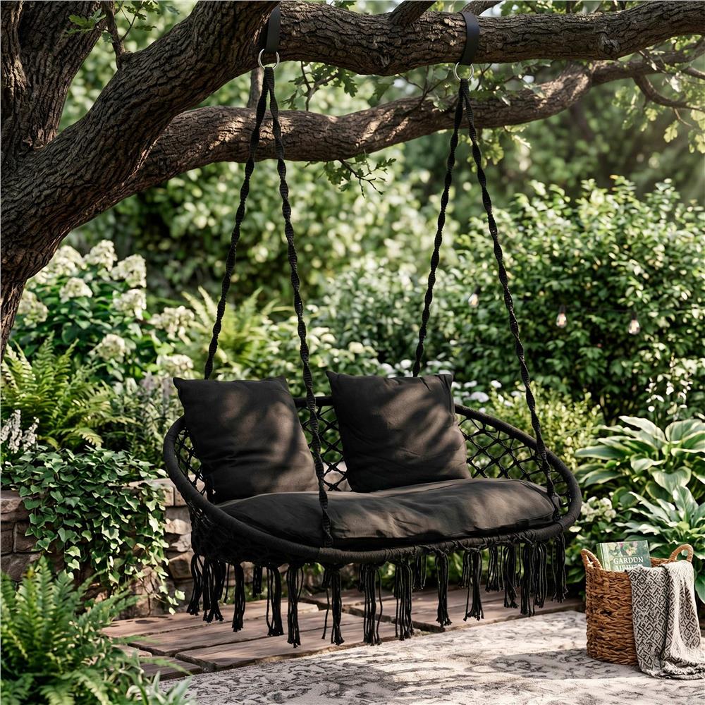 Scaun dublu tip leagan suspendat pentru casa sau gradina, cu perne, stil boho, 128x66x124 cm, maxim 300 kg, negru - imagine 18