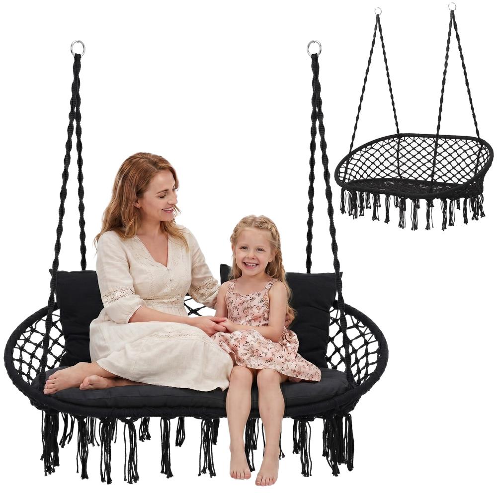 Scaun dublu tip leagan suspendat pentru casa sau gradina, cu perne, stil boho, 128x66x124 cm, maxim 300 kg, negru - imagine 3