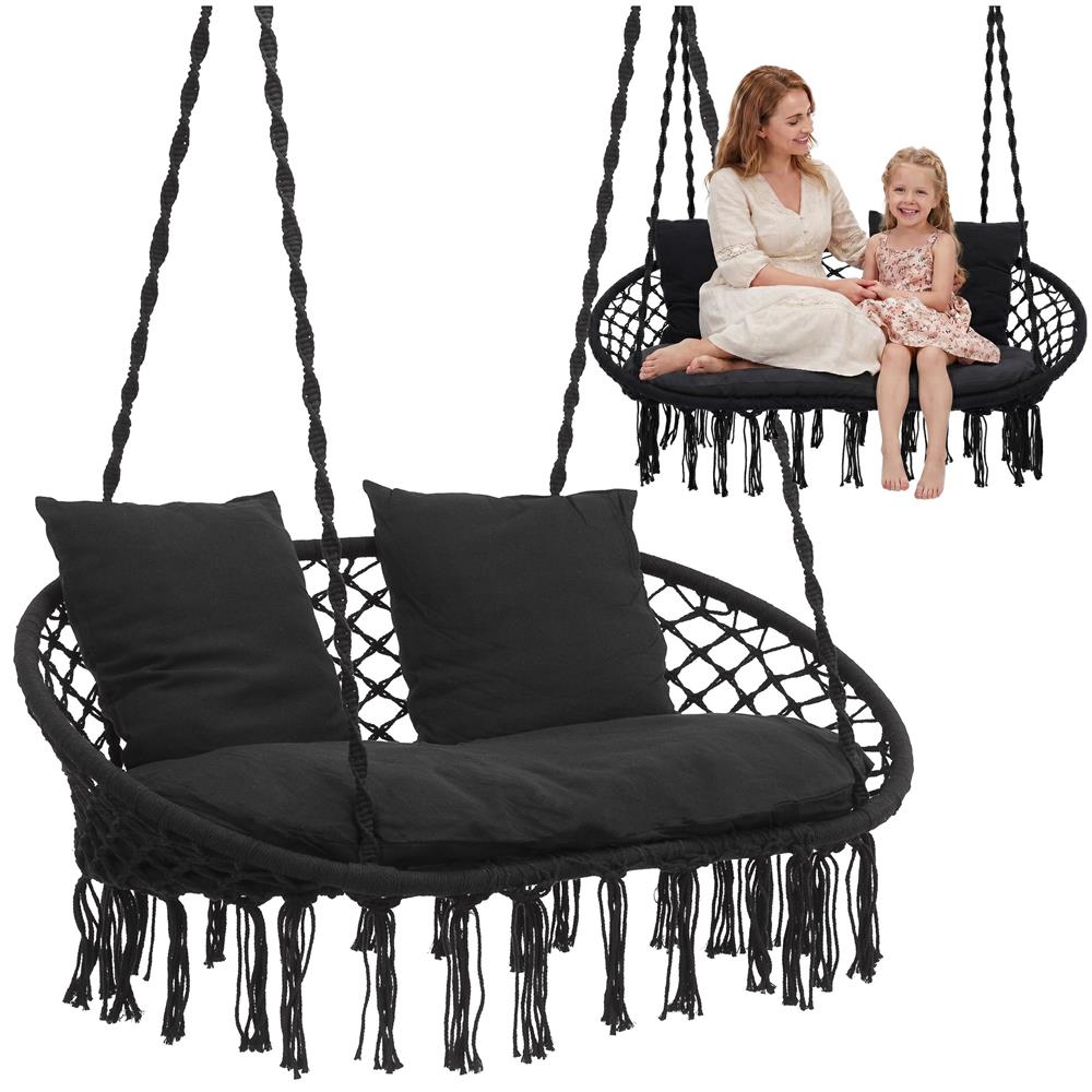 Scaun dublu tip leagan suspendat pentru casa sau gradina, cu perne, stil boho, 128x66x124 cm, maxim 300 kg, negru - imagine 4