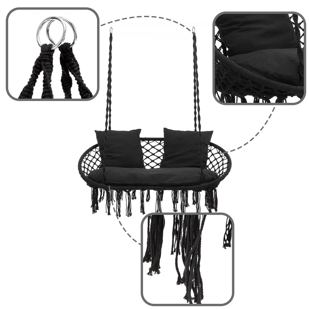 Scaun dublu tip leagan suspendat pentru casa sau gradina, cu perne, stil boho, 128x66x124 cm, maxim 300 kg, negru - imagine 5