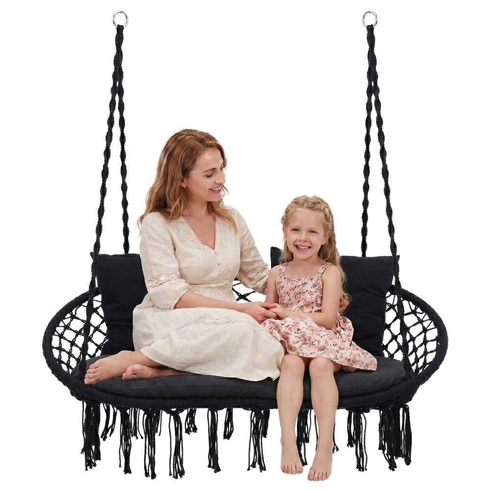 Scaun dublu tip leagan suspendat pentru casa sau gradina, cu perne, stil boho, 128x66x124 cm, maxim 300 kg, negru - imagine 6