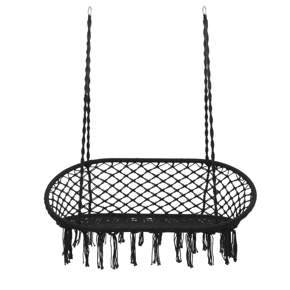 Scaun dublu tip leagan suspendat pentru casa sau gradina, cu perne, stil boho, 128x66x124 cm, maxim 300 kg, negru - imagine 7