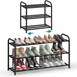 SONGMICS Raft extensibil pentru incaltaminte, 3 niveluri, metal, pana la 12 perechi pantofi, reglabil 25x48x(44-82) cm, negru