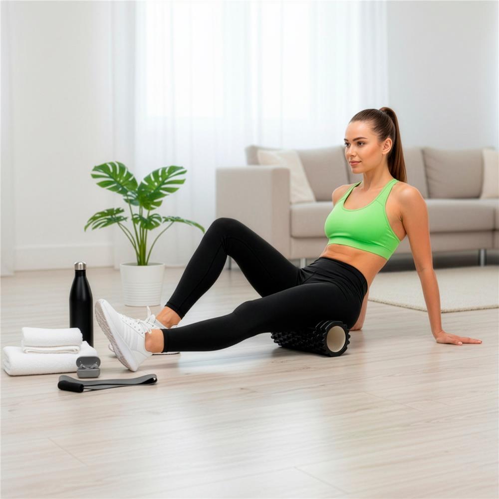 Rola pentru masaj si stretching din spuma EVA, duritate medie 50 Shore A, 33x14 cm, negru - imagine 7