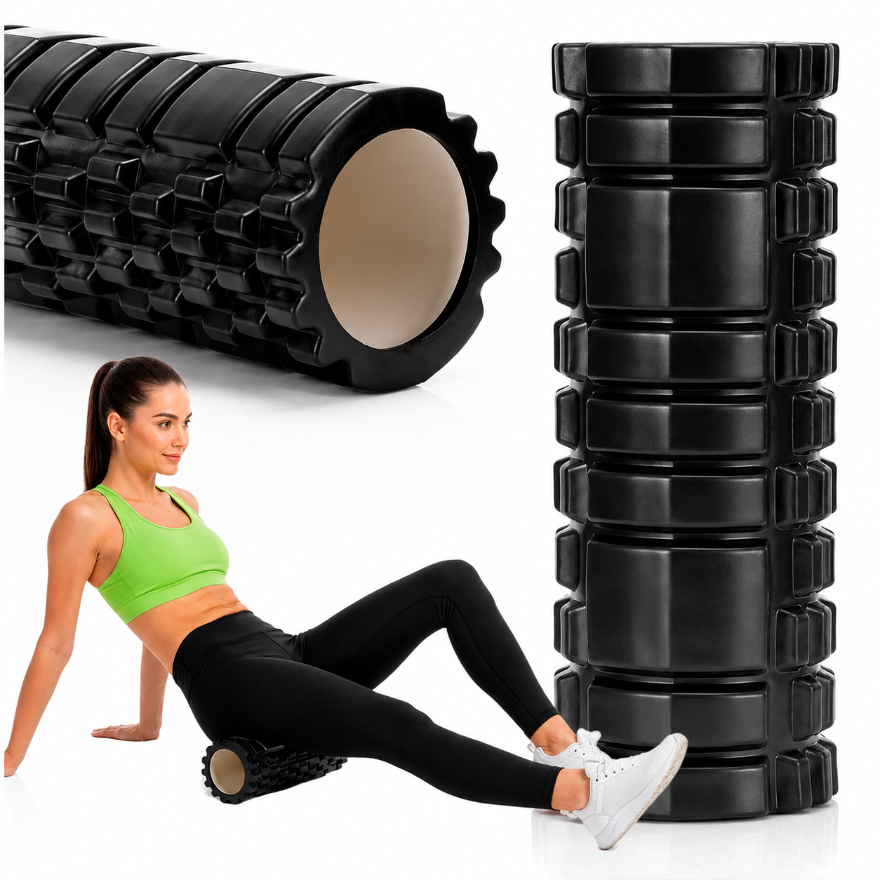 Rola pentru masaj si stretching din spuma EVA, duritate medie 50 Shore A, 33x14 cm, negru - imagine 8
