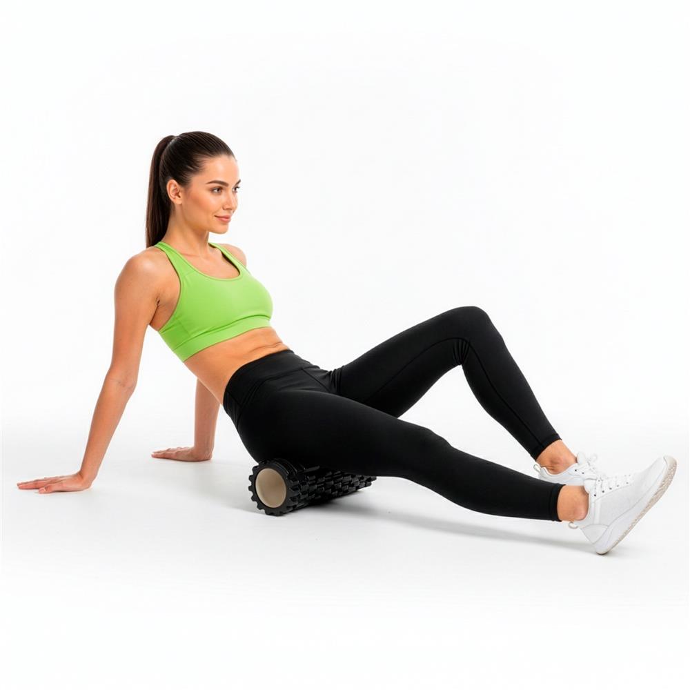 Rola pentru masaj si stretching din spuma EVA, duritate medie 50 Shore A, 33x14 cm, negru - imagine 13