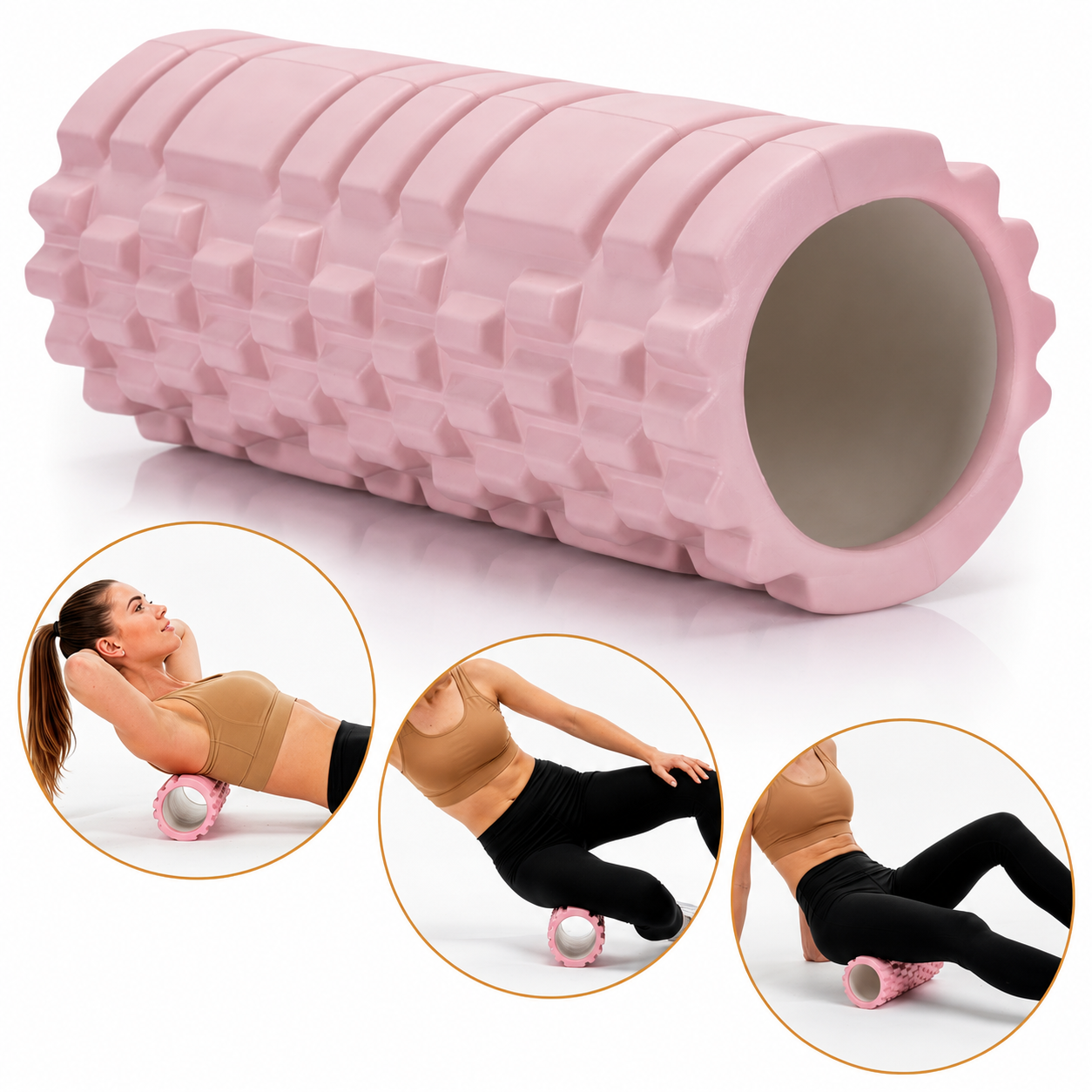 Rola pentru masaj si stretching din spuma EVA, duritate medie 50 Shore A, 33x14 cm, roz - imagine 3