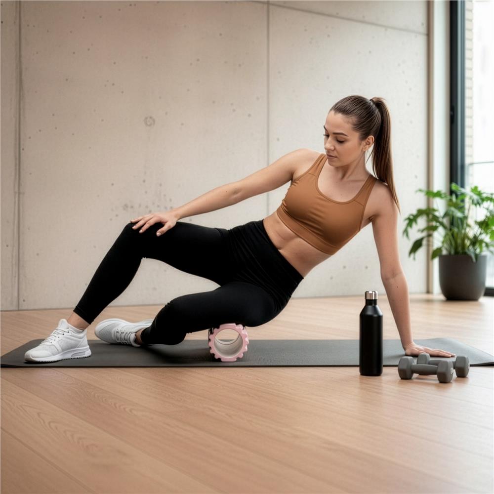 Rola pentru masaj si stretching din spuma EVA, duritate medie 50 Shore A, 33x14 cm, roz - imagine 19