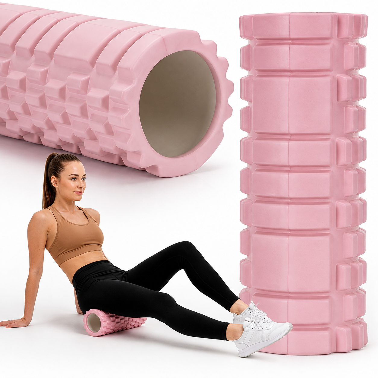 Rola pentru masaj si stretching din spuma EVA, duritate medie 50 Shore A, 33x14 cm, roz - imagine 20