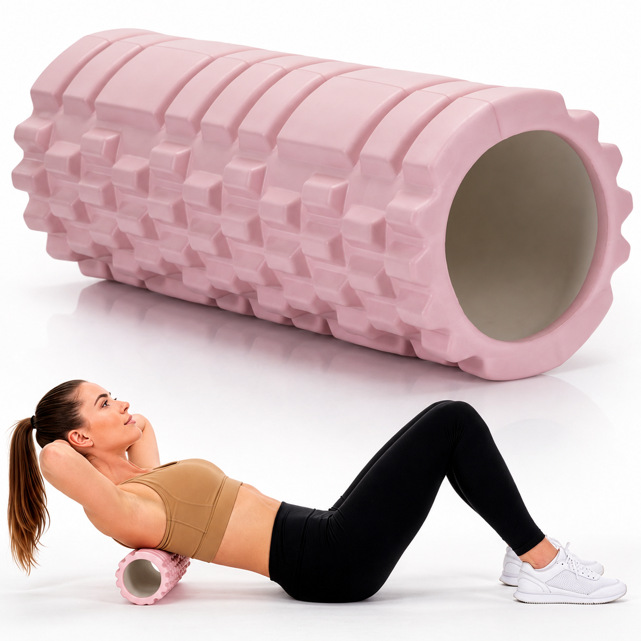 Rola pentru masaj si stretching din spuma EVA, duritate medie 50 Shore A, 33x14 cm, roz - imagine 9