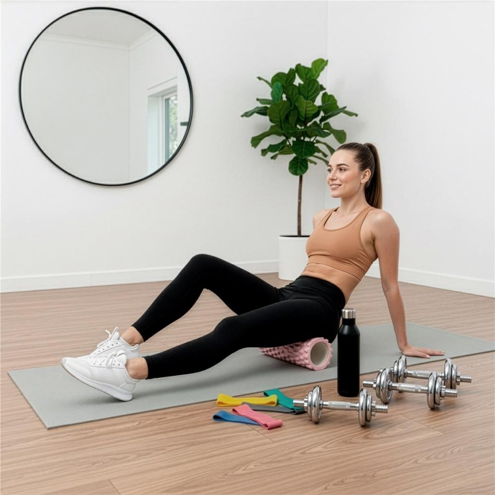 Rola pentru masaj si stretching din spuma EVA, duritate medie 50 Shore A, 33x14 cm, roz - imagine 16