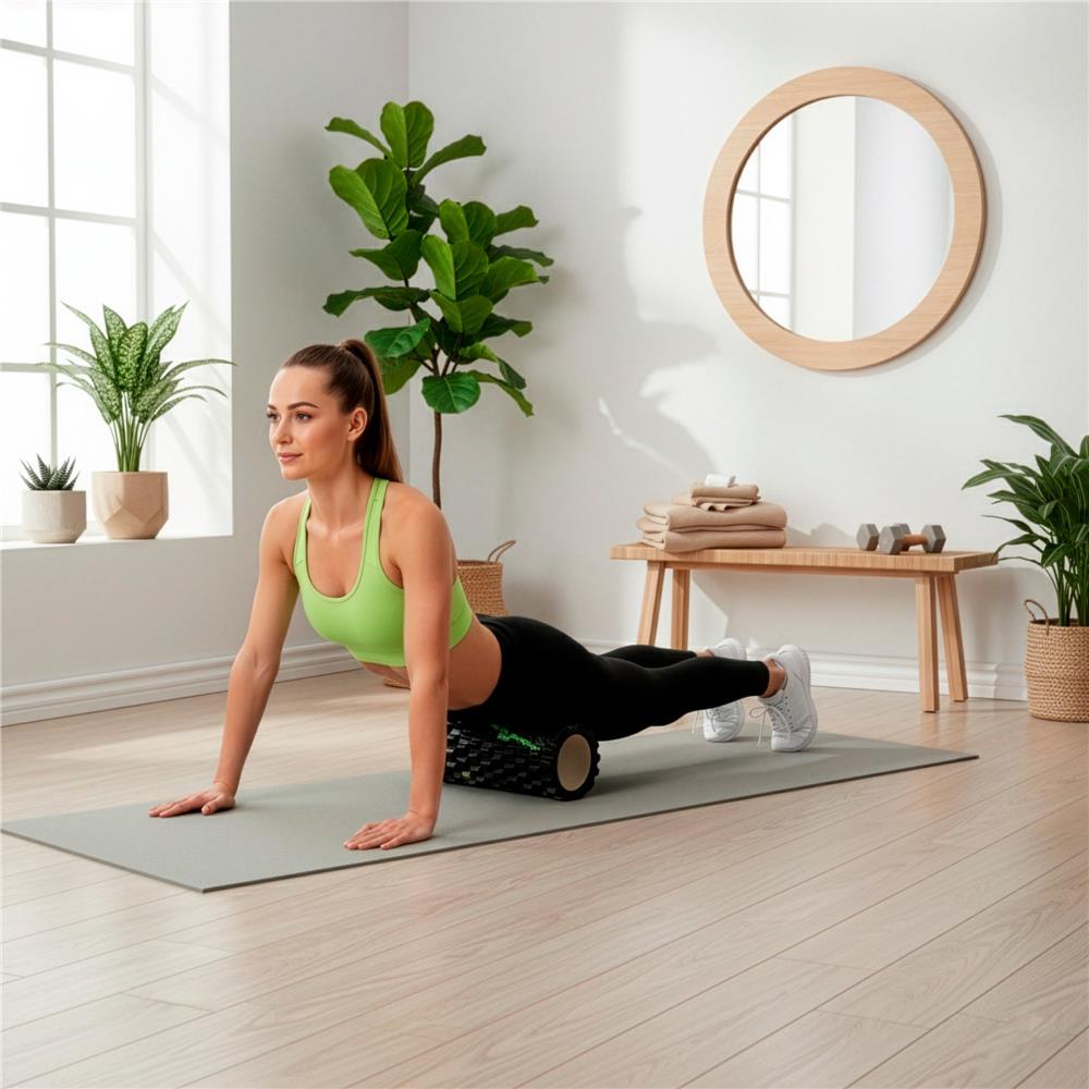 Rola pentru masaj si stretching din spuma EVA, duritate medie 50 Shore A, 33x14 cm, negru si verde - imagine 2