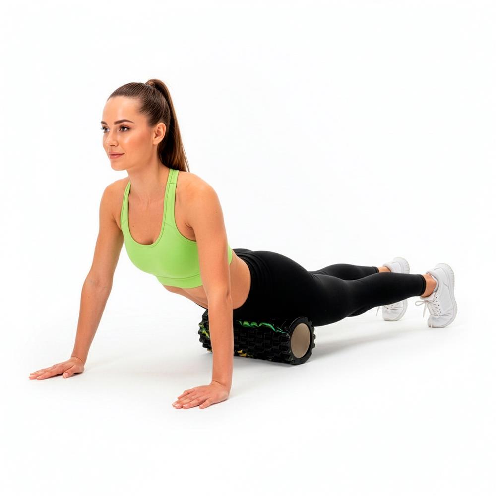 Rola pentru masaj si stretching din spuma EVA, duritate medie 50 Shore A, 33x14 cm, negru si verde - imagine 16