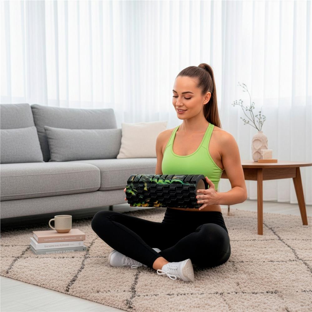 Rola pentru masaj si stretching din spuma EVA, duritate medie 50 Shore A, 33x14 cm, negru si verde - imagine 5