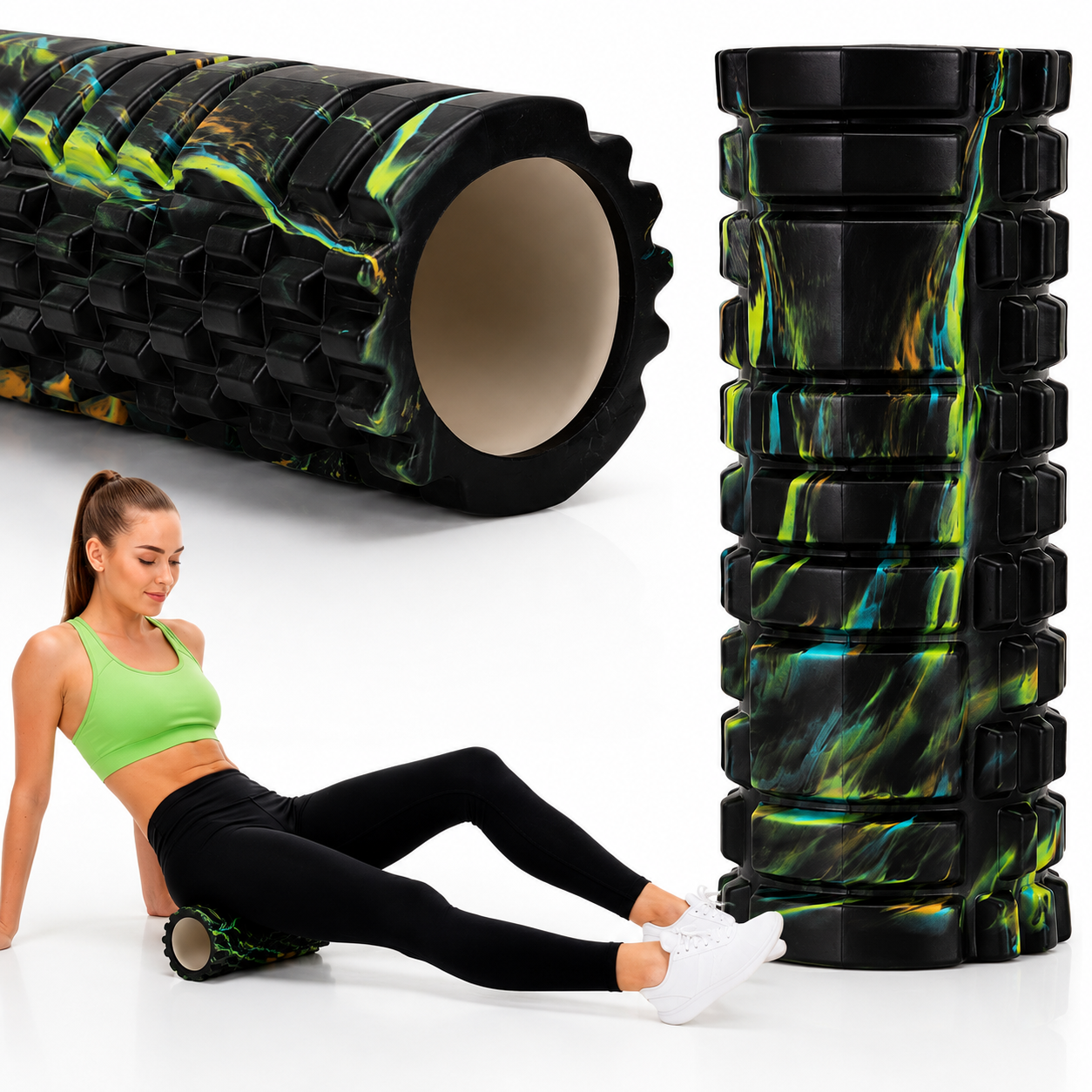 Rola pentru masaj si stretching din spuma EVA, duritate medie 50 Shore A, 33x14 cm, negru si verde - imagine 8
