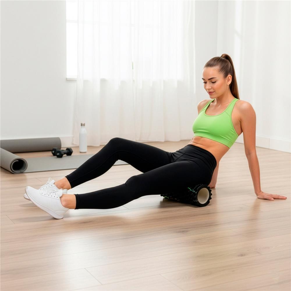 Rola pentru masaj si stretching din spuma EVA, duritate medie 50 Shore A, 33x14 cm, negru si verde - imagine 9