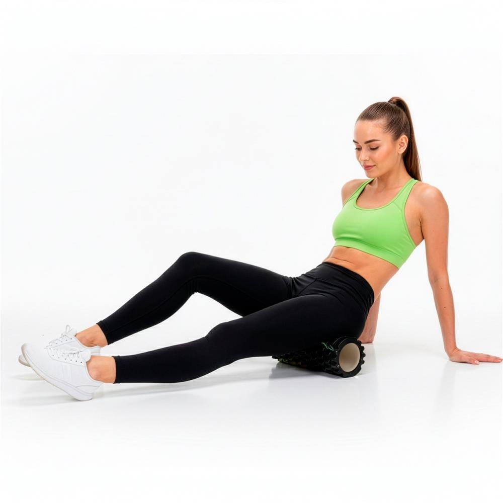 Rola pentru masaj si stretching din spuma EVA, duritate medie 50 Shore A, 33x14 cm, negru si verde - imagine 11