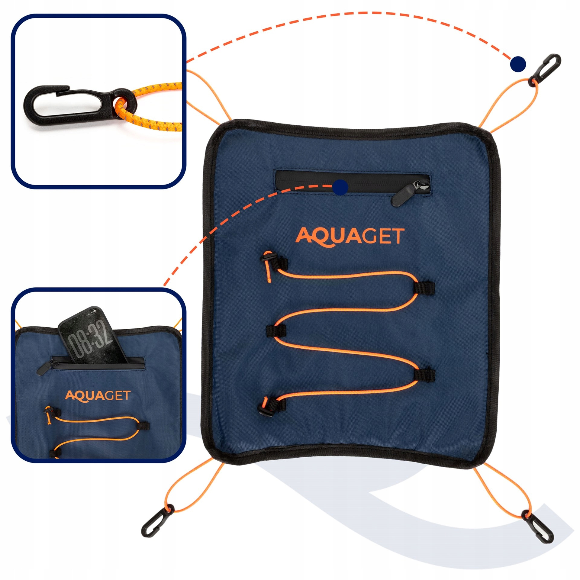 Geanta impermeabila pentru placa SUP, buzunar pentru telefon si sistem prindere cu cordon bungee, 28x30 cm, bleumarin - imagine 10