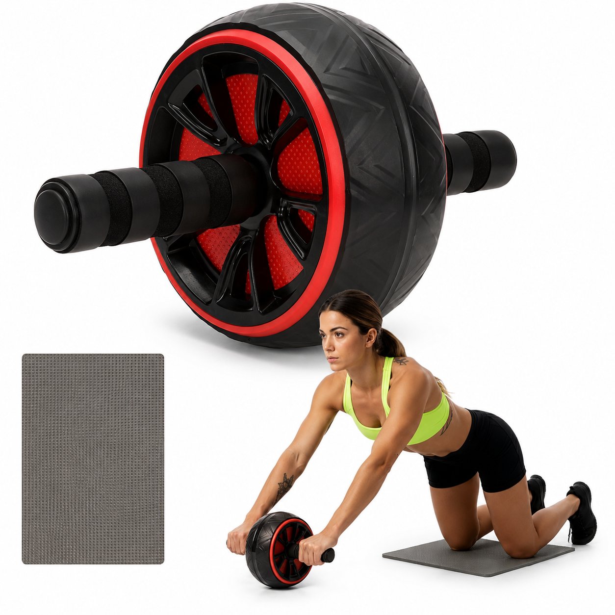 Roata fitness pentru exercitii abdomen cu manere antiderapante si covoras protectie genunchi, 16x9 cm, negru - imagine 6